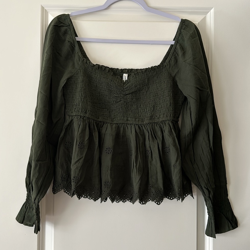 AE 100% Cotton Long-Sleeve Smocked Babydoll Blouse Size S - Picture 5 of 7